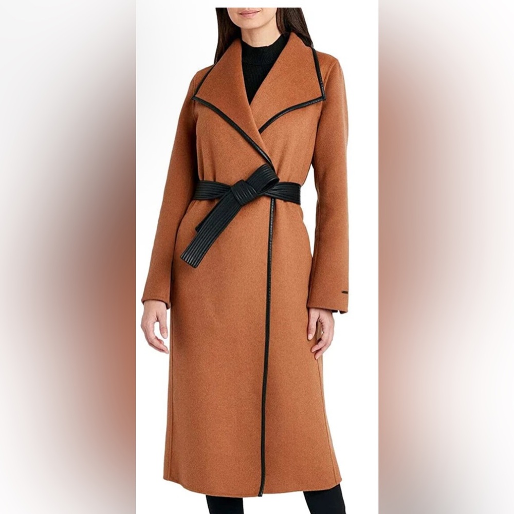 TAHARI WOMEN'S JULIETTE DOUBLE FACE WOOL BELTED COAT W/FAUX LEATHER TRIM